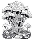 Black and white funny fantasy mushroom house, coloring book page vector illustration Royalty Free Stock Photo