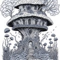 Black and white funny fantasy mushroom house, coloring book page vector illustration. Royalty Free Stock Photo