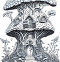 Black and white funny fantasy mushroom house, coloring book page vector illustration Royalty Free Stock Photo