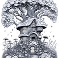 Black and white funny fantasy mushroom house, coloring book page vector illustration Royalty Free Stock Photo