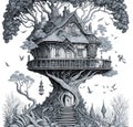 Black and white funny fantasy mushroom house, coloring book page vector illustration Royalty Free Stock Photo