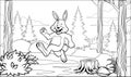 Black and white funny rabbit coloring page running in the forest