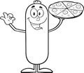 Black And White Funny Sausage Cartoon Character Holding A Pizza