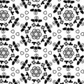 Black and white geometric hexagonal Irish symbols pattern background with Claddagh ring, spirals, hearts and shamrocks