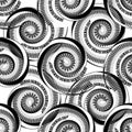 Black and white geometric striped spiral shapes vector seamless patttern. Greek style ornamental monochrome background. Isolated Royalty Free Stock Photo