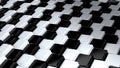 Black and white geometric surface of glossy shiny cubes. 3D rendering of reflective squares connected together in