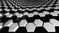 Black and white geometric surface of glossy shiny honeycombs. 3D rendering of reflective hexagons connected together in