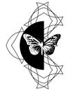 Black and white geometric tattoo illustration with butterfly on semicircle