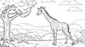 Cute Giraffe Coloring Page in Safari Landscape with Tree and Clouds Royalty Free Stock Photo