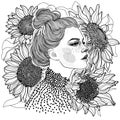 black and white girl against a background of sunflowers Royalty Free Stock Photo