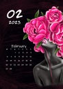 Black and white girl with color beautiful flowers in her head. Calendar 2023 February