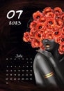 Black and white girl with color beautiful flowers in her head. Calendar 2023 July