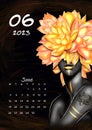 Black and white girl with color beautiful flowers in her head. Calendar 2023 June