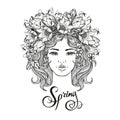 Black and white girl decorative hairstyle with flowers, leaves in hair in doodle style. Nature, ornate, floral