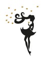 Black white girl, stencil, white background, silhouette, evening wear, butterflies, long hair, abstraction