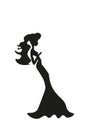 Black white girl, stencil, white background, silhouette, star in hands, long dress, evening wear.