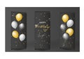 Black, white and gold balloons on a black background with gold glitter confetti. Happy birthday greeting card template. Royalty Free Stock Photo