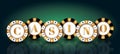 Black-white-gold casino Chips on the green background. Royalty Free Stock Photo