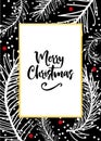 Black, White, Gold Merry Christmas Card with Fir Sprigs and Hollies