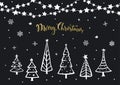 Black white gold merry christmas happy new year background greeting card with xmas cartoon pine trees and hanging on string stars