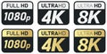 Black, white and golden video or screen resolution icons. Set from 1080p to 8k