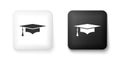 Black and white Graduation cap icon isolated on white background. Graduation hat with tassel icon. Square button. Vector Royalty Free Stock Photo