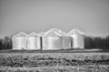 Black and White of Grain silos on farmland in the Midwestern United States Illinois