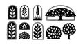 Black and white graphic design collection of stylized tree and leaf silhouettes in various geometric frames and shapes Royalty Free Stock Photo