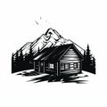 Bold Black And White Log House Illustration: Tattoo Style, Clean Vector Art Royalty Free Stock Photo