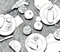 Black and white graphic dining table. Bread, cutlery, tap, olives