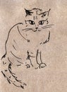 Black and white graphic drawing of a sitting cat on craft paper Royalty Free Stock Photo