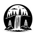 Black and white graphic of a waterfall cascading down a cliff surrounded by pine trees and clouds within a circular frame Royalty Free Stock Photo