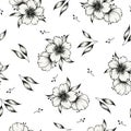 Black and white graphic floral seamless pattern on white, botanical background with hand drawn flowers, leaves and branches Royalty Free Stock Photo