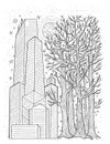 Black and white graphic illustration with city buildings and trees, hand drawn sketch for coloring Royalty Free Stock Photo