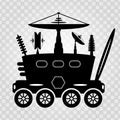 Black and white graphic illustration lunar rover