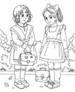 Coloring page with two little school girls