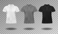 Black, white and gray realistic slim male polo t-shirt design template. Set of short sleeve t-shirts for sport, men