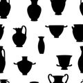 Black and white greek traditional vases seamless pattern, vector
