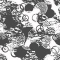 Black and white grunge abstract seamless pattern with circles, rings, different brush strokes and shapes. Royalty Free Stock Photo