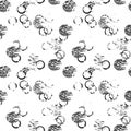 Black and white grunge abstract seamless pattern with circles, rings, different brush strokes and shapes. Royalty Free Stock Photo