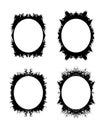 four black and white grunge circular frames with different designs, circle background imprint ink stain circle doodle