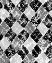 Black and white grunge print argyle geometric checkered seamless pattern, vector