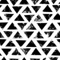 Black and white grunge print triangles geometric seamless pattern, vector