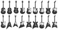 Black and white guitars. Acoustic strings music instruments, electric rock guitar silhouette and stencil guitars icons vector set Royalty Free Stock Photo