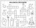 Black and white Halloween crossword activity page for kids Royalty Free Stock Photo