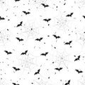 Black and white Halloween seamless vector pattern with bats and spider webs