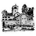 black and white hand drawing of Cetinje monastery - ancient capi