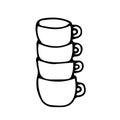 Black and white hand drawing outline vector illustration of a stack of cups for hot tea or coffee isolated on a white Royalty Free Stock Photo