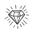 Black and white hand-drawn diamond icon with sparkles. Minimalist linear gem illustration on white background Royalty Free Stock Photo