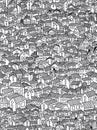 A black and white hand-drawn drawing of residential buildings located close to each other . Royalty Free Stock Photo